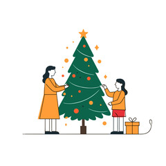 Family decorating Christmas tree with lights, holiday vector
