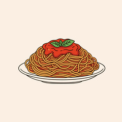 Spaghetti with tomato sauce and basil on plate, vector