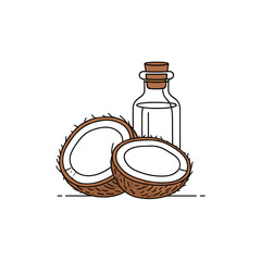 Coconut halves and bottle of oil, natural skincare vector