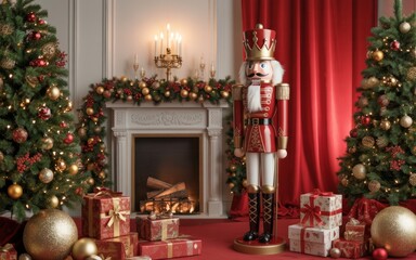Christmas nutcracker decoration festive holiday season home decor fireplace presents and christmas trees scene