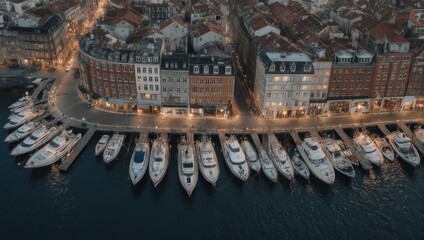 Fototapeta premium Aerial view of luxury yachts docked in a European harbor at dusk.