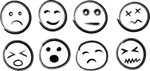 Handdrawn emoticons a collection of expressive faces with various emotions in a sketchy, doodle style for digital communication