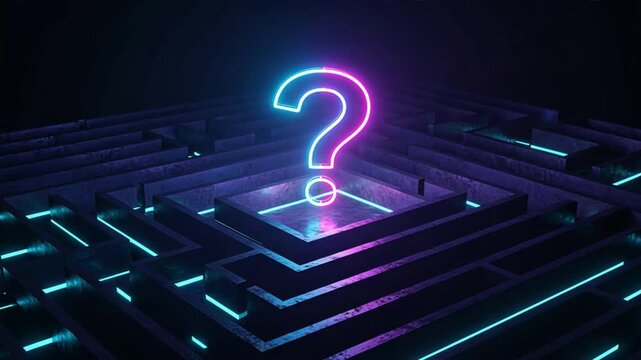 Glowing neon question mark hovers above dark maze, cinematic and futuristic, root question, problem path