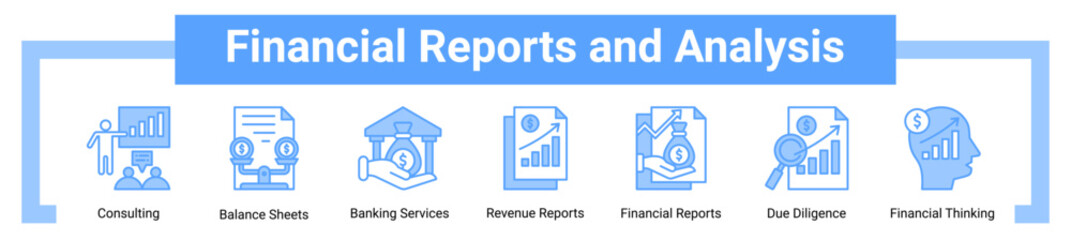 Financial Reports And Analysis icon sheet banner collection