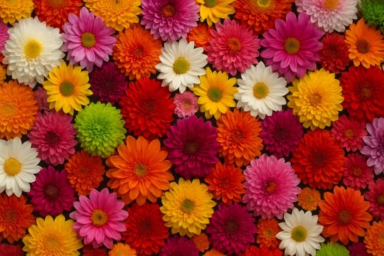 Colorful assorted flowers in full bloom arranged in a seamless floral pattern on dark background illustrating beauty in nature concept. Ai generative