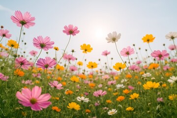 Obraz premium Blooming wildflower field with pink, yellow, and white cosmos flowers under bright sky in soft sunlight. Nature concept with peaceful floral atmosphere. Ai generative