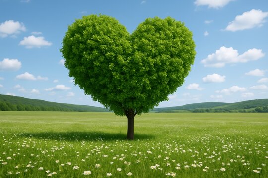 Heart-shaped green tree standing in a wide flower-filled meadow under blue sky with clouds surrounded by distant hills, symbolizing love and nature.. Ai generative
