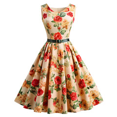 Elegant vintage floral dress isolated on transparent background, featuring a flattering silhouette and a charming pattern of roses and other blossoms, perfect for any occasion