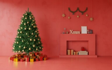 Christmas tree and fireplace decoration with gifts for holiday season festive celebration scene render design