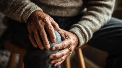 Close-up of hands resting on a knee, showcasing age and tenderness in a serene indoor setting.