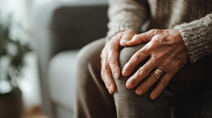 Close-up of an elderly person's hands resting on their knee, depicting moments of reflection and serenity in life.