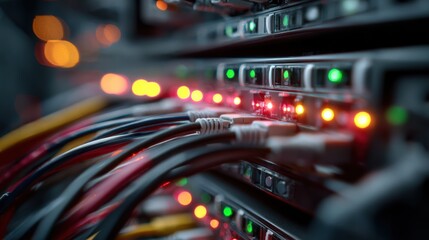 Close-up of server connections, showing glowing lights and numerous cables for data transfer.