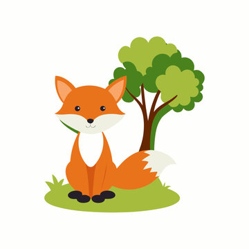 Cute Fox Sitting Under a Tree Vector Art