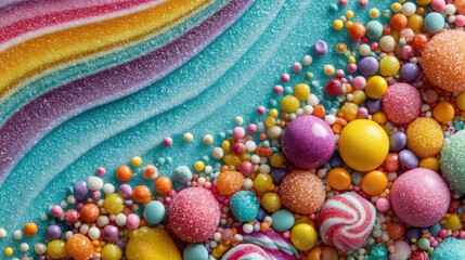 Colorful, vibrant assortment of confectionery and decorative sugar art displayed in vivid patterns and textures.