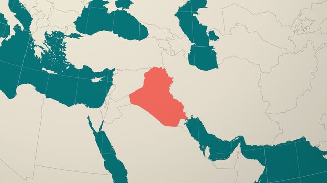 Iraq map. Animated zoom into the country on the Globe in Teal Pale Mint color palette. Country logo animation. Map with meridians, parallels. Authentic video.