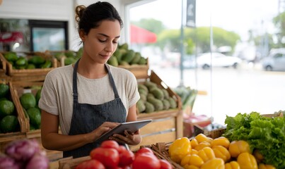 Colombian Latin female shopkeeper standing behind the counter of her modern fruit and vegetable shop