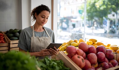 Colombian Latin female shopkeeper standing behind the counter of her modern fruit and vegetable shop