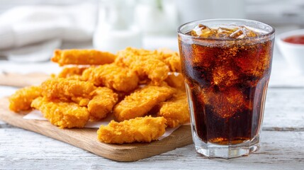 Crispy chicken tenders served with a refreshing glass of soda, perfect for a delightful meal or snack time.