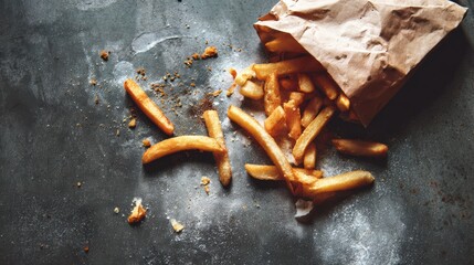 Crispy golden fries spilling out of a paper bag on a rustic surface, perfect for showcasing fast food cravings.