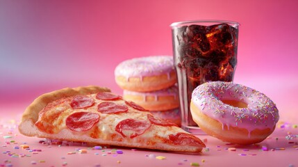Delicious assortment of pizza, doughnuts, and a fizzy drink, perfect for a fun snack or treat on a special occasion.