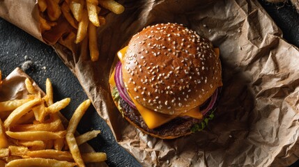 Delicious cheeseburger with sesame bun and crispy fries on rustic background, perfect for food lovers.