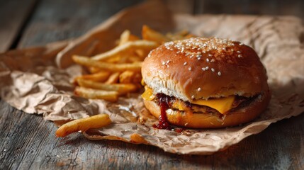 Delicious cheeseburger with fries, served on rustic paper, perfect for a quick meal or casual dining experience.