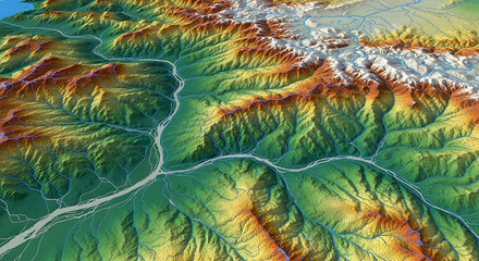 Aerial View of Mountainous Landscape with River Network