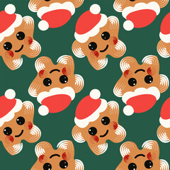 Obraz premium New Year's pattern with ginger characters. Gingerbread stars, cookies in the form of Christmas sweets with icing. winter endless background for the new year. festive design, fabric. Children's pattern