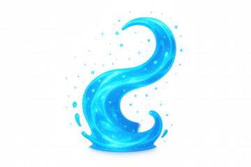 Blue water splash element featuring a dynamic liquid wave and swirling flow with falling drops, transparent background