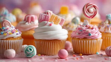 Deliciously decorated cupcakes with colorful toppings and sweets, perfect for a celebration or special occasion.