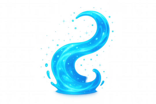 Blue water splash element featuring a dynamic liquid wave and swirling flow with falling drops, transparent background