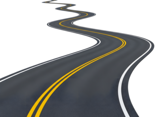 Winding road with yellow lines isolated on transparent background, perspective view
