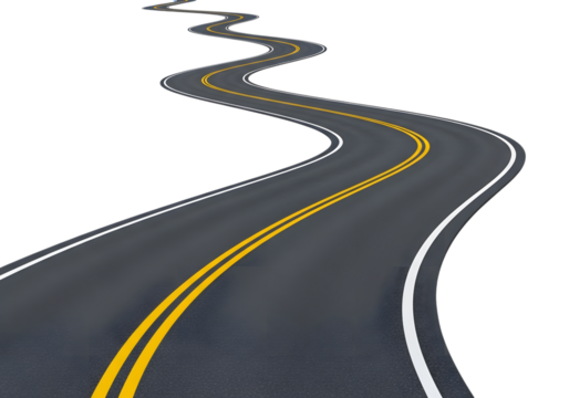 Winding road with yellow lines isolated on transparent background, perspective view