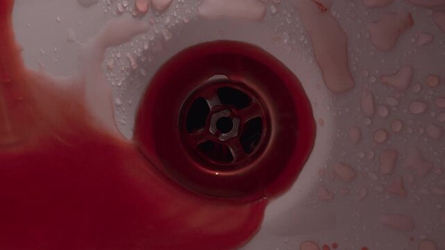 Realistic bloody water flowing into drain in bathroom, red liquid swirling in sink or bathtub, crime scene, homicide aftermath, murder cleanup, horror thriller, forensic evidence, killer washing hands