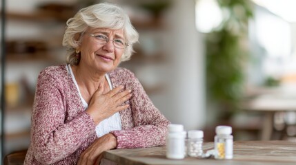 Happy elderly woman looking thoughtful while sitting at a table with various health supplements and smiling.