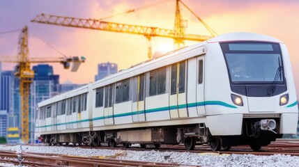 Fototapeta premium Modern train passing by construction site at sunset in urban city