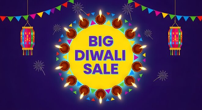 Big diwali sale with traditional diyas, lanterns, and fireworks, celebrating the festival of lights and offering discounts and promotions for shoppers - Powered by Adobe