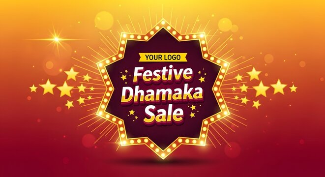 Festive dhamaka sale banner with starburst and glowing lights, perfect for indian festival promotions and retail advertising