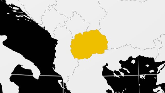 North Macedonia map. Animated zoom into the country on the Globe in Black White color palette. Country logo animation. Map with meridians, parallels. Classy video.