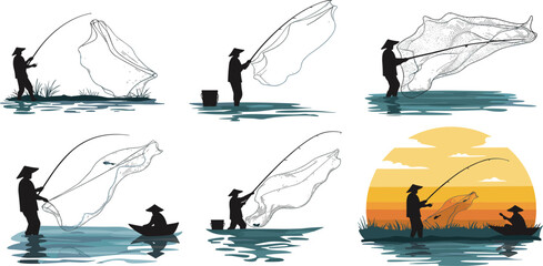Traditional Fishing Techniques with Rod and Net in Coastal Scenes Featuring Sunset, Fisherman Action, Boat, and Catch Moments Vector Art