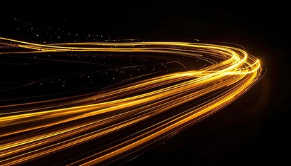 Abstract glowing golden light trails with shimmering particles on black background motion blur effect