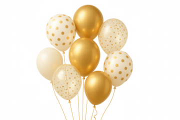 Gold and cream balloons with polka dots and confetti, floating for a celebration event on transparent background