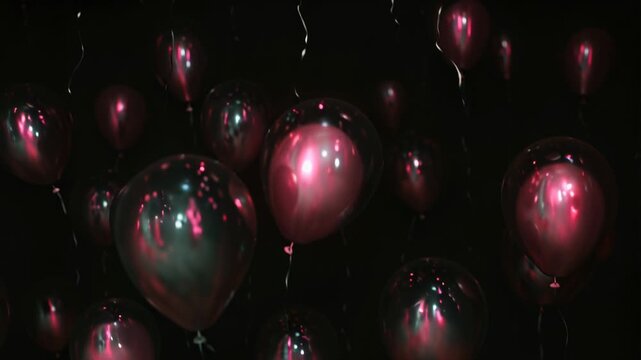Dark background with many flying shiny burgundy balloons