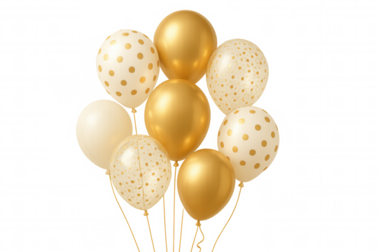 Gold and cream balloons with polka dots and confetti, floating for a celebration event on transparent background