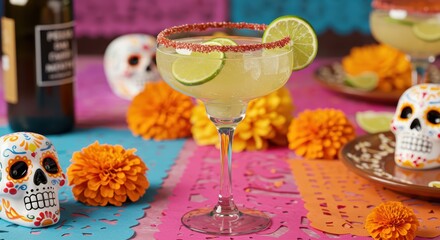 Glass of margarita cocktail with lime and salt on a table decorated with marigold flower and calavera, for a Day of the Dead celebration. Holiday drink with tequila for banner or poster.	
