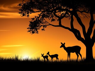 Sunset silhouette of deer family in nature tranquil landscape serene environment captivating viewpoint