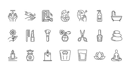 Clean hand washing, spa and skincare icons set with beauty treatment, wellness, relaxation, manicure, pedicure, cosmetics, and healthy lifestyle symbols vector illustration