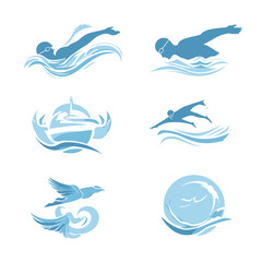 Fototapeta premium Blue vector illustrations: swimmers, diver, boat, and flying birds with water waves, ideal for marine and aquatic designs.