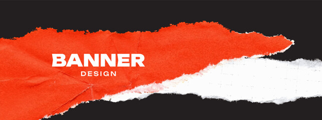 Banner design with torn paper. Black and red background for sale with collage elements. Grunge paper texture