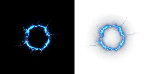 Electric blue lightning circle overlay on contrasting black and white backgrounds, creating a dynamic visual effect for creative design projects and digital art applications